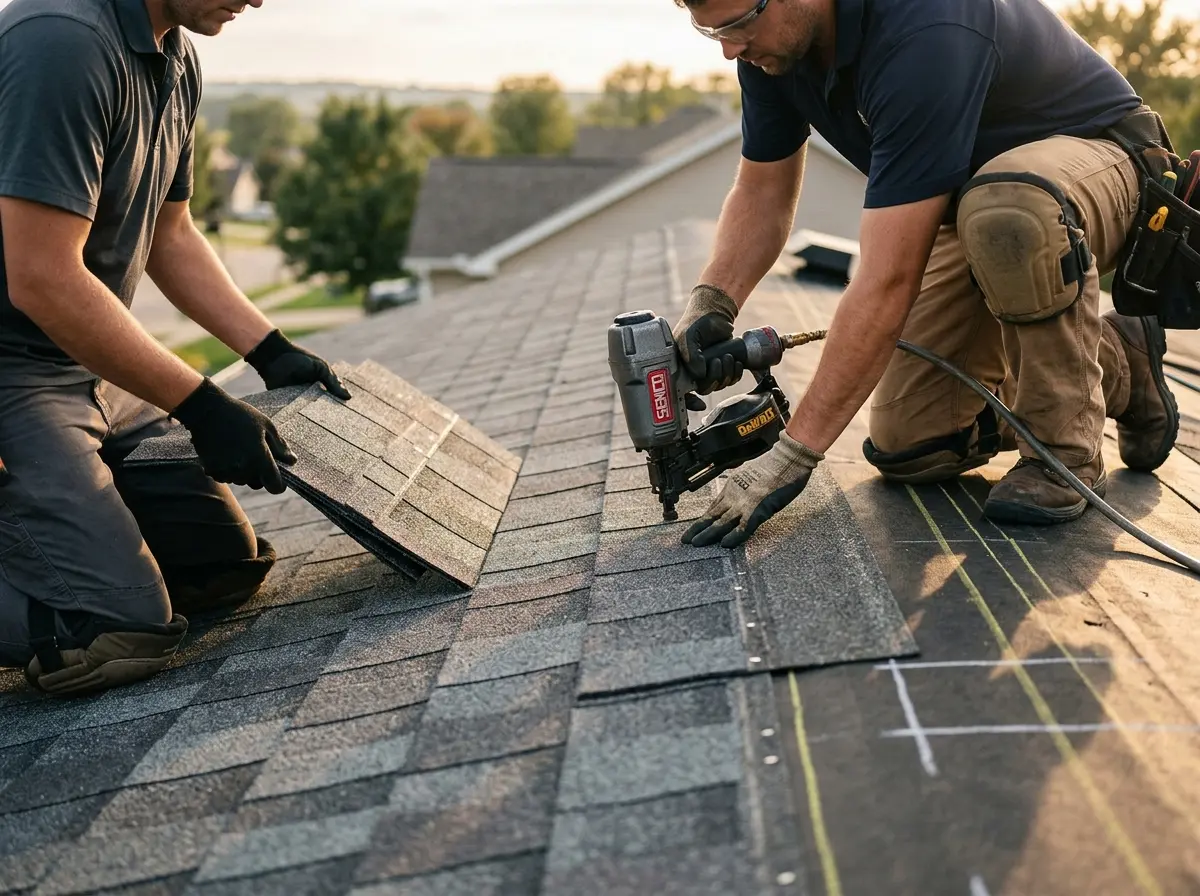 Professional roofer working on a residential roof in Akron